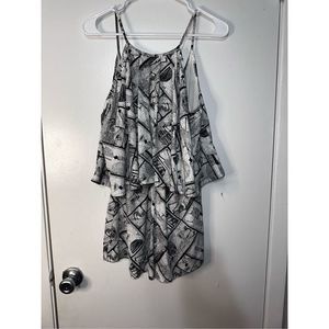 Lovely Day African Tribal Romper Shorts Medium Black White Village Scene